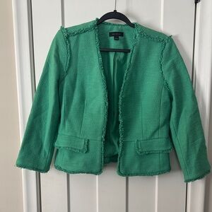 Ann Taylor Bright Green Collarless Tweed Blazer with Frayed Trim